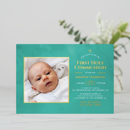 Türkisfarben und goldene geometrische Blumengemein Folieneinladung (Stehend vorne)