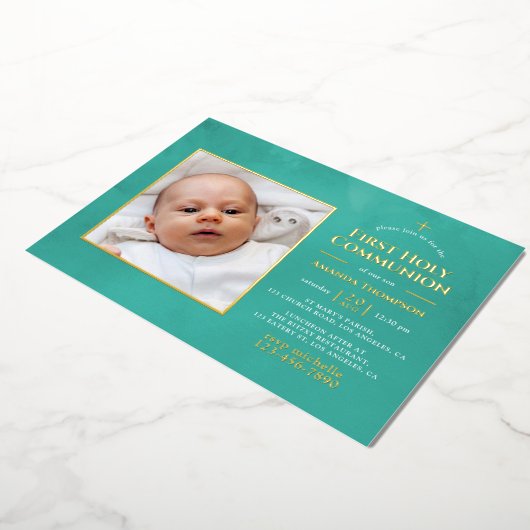 Türkisfarben und goldene geometrische Blumengemein Folieneinladung (Gedreht)