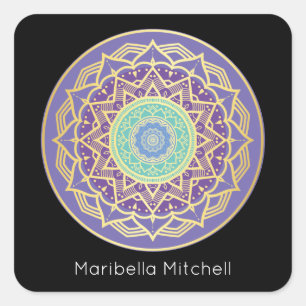 Türkisfarben und Lila Gold Mandala Square S Quadratischer Aufkleber