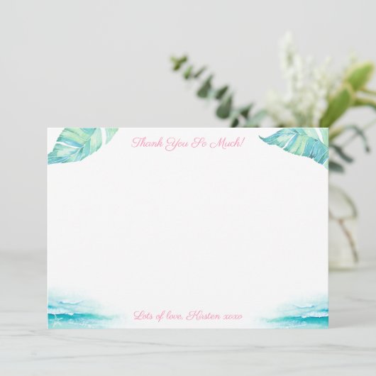 Türkisfarben und rosa Hochzeit in Urlaubsort Dankeskarte (Stehend Vorderseite)