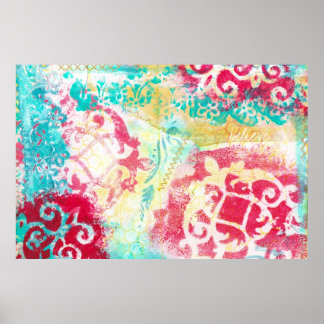 Türkisfarben und Scarlet Mixed Media Painting mit Poster