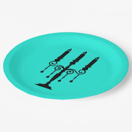 Türkisfarben und schwarzer Kronleuchter Pappteller (Schrägansicht)