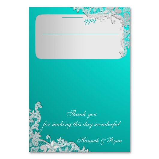 Türkisfarben und silberfarbene Fassadengestaltung Tischnummer (Vorderseite)