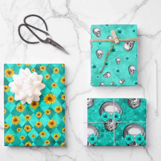 Türkisfarben und Sonnenblumen, Design 2 Geschenkpapier Set (Vorderseite)