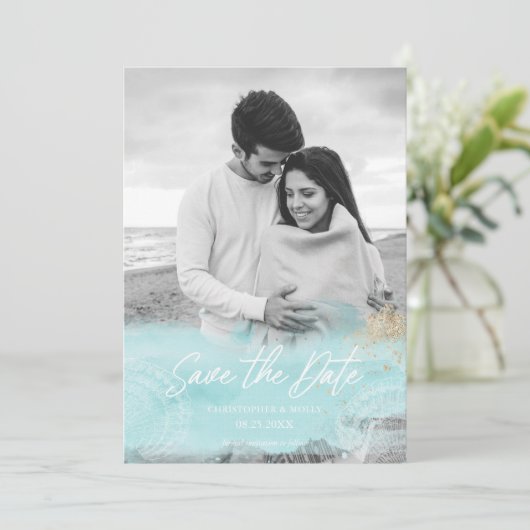 Türkisfarben Wasserfarbe Save the Date (Stehend Vorderseite)