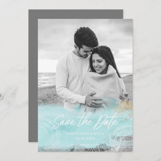 Türkisfarben Wasserfarbe Save the Date (Vorne/Hinten)