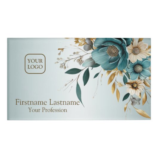 Türkisfarben Weiße Blume Goldene Blätter Elegant Namenschild (Vorderseite)