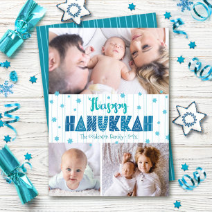 Türkisfarbene 3-Foto-Hanukkah-Grüße mit moderner T Feiertagskarte