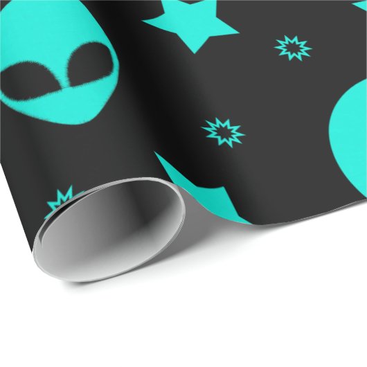 Türkisfarbene Alien Muster mit Sternen und Monden Geschenkpapier (Rolleneckpunkt)
