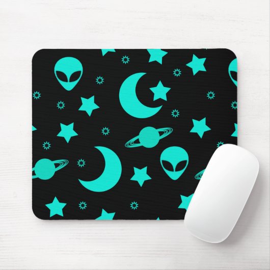 Türkisfarbene Alien Muster mit Sternen und Monden Mousepad (Mit Mouse)
