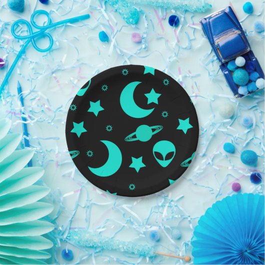 Türkisfarbene Alien Muster mit Sternen und Monden Pappteller (Party)