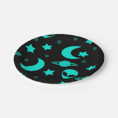 Türkisfarbene Alien Muster mit Sternen und Monden Pappteller (Schrägansicht)