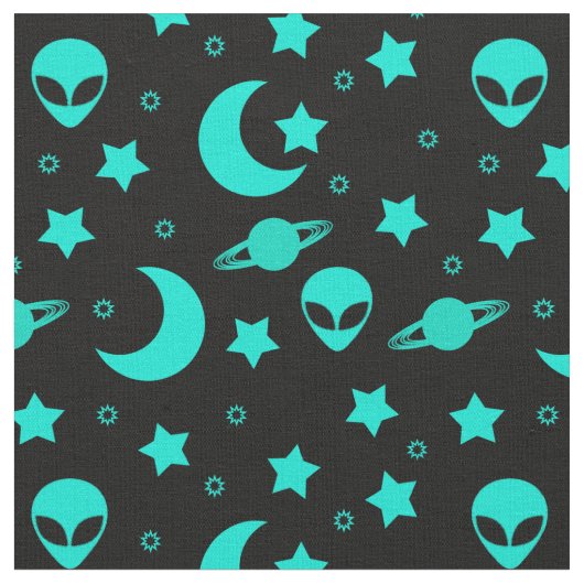 Türkisfarbene Alien Muster mit Sternen und Monden Stoff (Nahaufnahme)