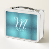 Türkisfarbene aquamarine Aqua-Monogramm Zusatz von Metall Brotdose (Rückseite)