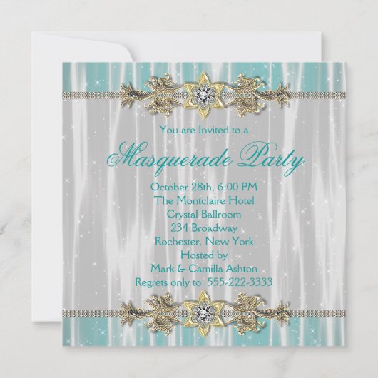 Türkisfarbene Aquamarine blaue Masquerade Party Ei Einladung (Rückseite)