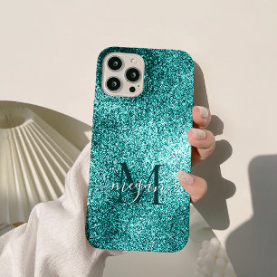 Türkisfarbene Aquamarine Glitzer-Sparkone-Monogram Case-Mate iPhone Hülle