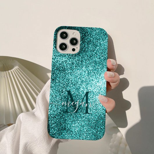 Türkisfarbene Aquamarine Glitzer-Sparkone-Monogram Case-Mate iPhone Hülle