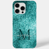 Türkisfarbene Aquamarine Glitzer-Sparkone-Monogram Case-Mate iPhone Hülle (Rückseite)