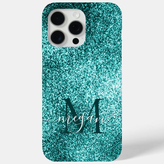 Türkisfarbene Aquamarine Glitzer-Sparkone-Monogram Case-Mate iPhone Hülle (Rückseite)