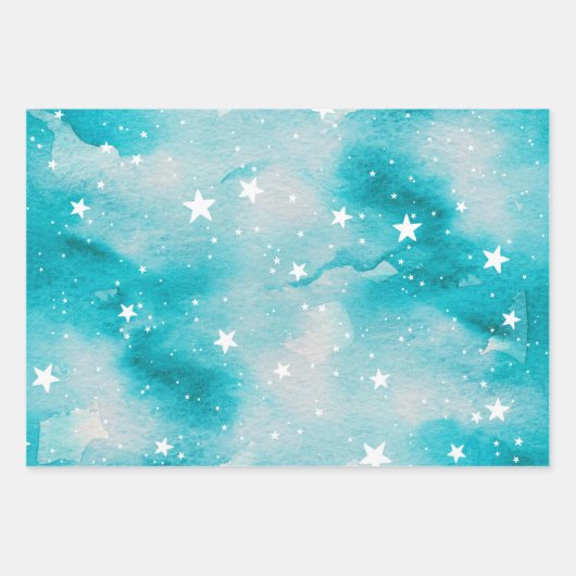 Türkisfarbene Aquamarine Himmelsstars Geschenkpapier Set (Vorderseite)