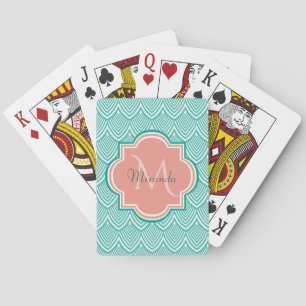 Türkisfarbene Art Deco Fischschuppen Pink Monogram Spielkarten