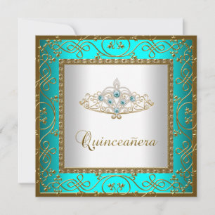 Türkisfarbene Blaue Quinceanera Gold-Tiara Einladung