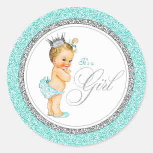 Türkisfarbene Blaue Silber Baby Shower Runder Aufkleber