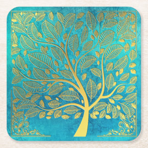 Türkisfarbene Blaue und Goldene Baum des Lebens Rechteckiger Pappuntersetzer