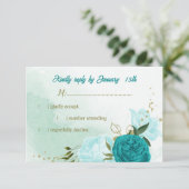 türkisfarbene Blume, grüne Blätter RSVP Karte (Stehend Vorderseite)