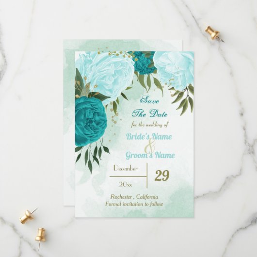 türkisfarbene Blume, grüne Blätter Save The Date (Vorderseite/Rückseite Beispiel)