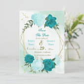 türkisfarbene Blume, grüne Blätter Save The Date (Stehend Vorderseite)