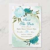türkisfarbene Blume, grüne Blätter Save The Date (Vorderseite)