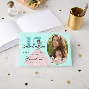 Türkisfarbene Blumen & Foto Quinceañera Personalis Gästebuch
