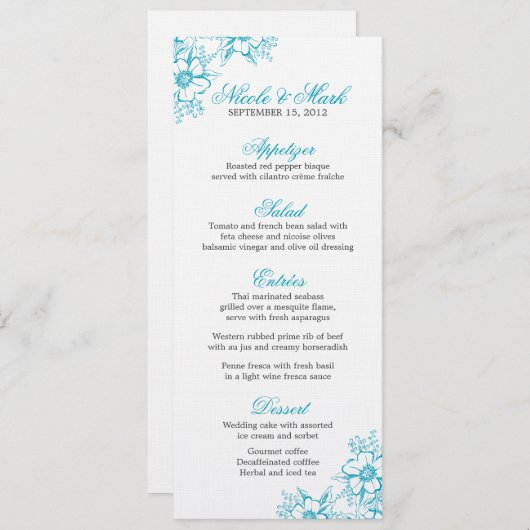 Türkisfarbene Blumenbriefe Menükarte (Vorne/Hinten)