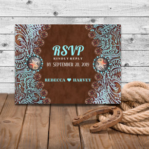 Türkisfarbene braune Country-Western-Hochzeit RSVP Einladungspostkarte
