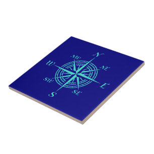 Türkisfarbene Compass-Rose im Dekor der blauen Nav Fliese
