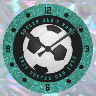 Türkisfarbene Faux-Glitter-Fußball-Vater-Fußballuh Runde Wanduhr