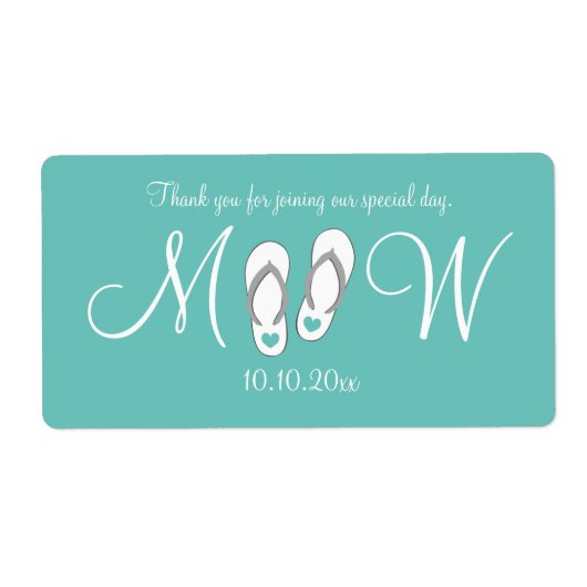 Türkisfarbene Flip Flops Hochzeitswasserflaschen (Vorne)