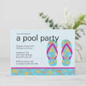 Türkisfarbene Flip Flops Pool Party Einladung (Stehend Vorderseite)