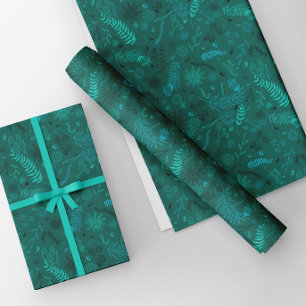 Türkisfarbene florale Doodles auf Grün Geschenkpapier Set