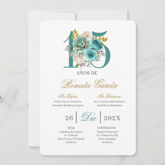 Türkisfarbene florale Quinceañera-Einladung Einladung