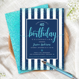 Türkisfarbene Geburtstags-Glitter-Schrift Navy ben Einladung