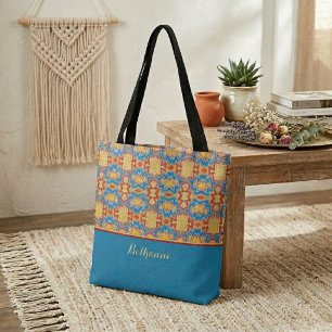 Türkisfarbene, gelbe und rote tribal inspirierte F Tasche