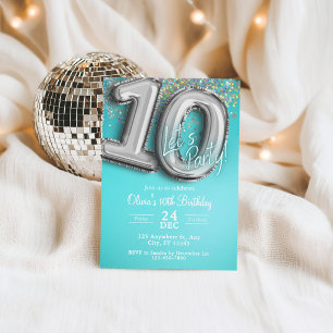 Türkisfarbene Glitter-Einladung zum 10. Geburtstag Einladung