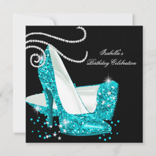 Türkisfarbene Glitter High Heels Schwarze Geburtst Einladung