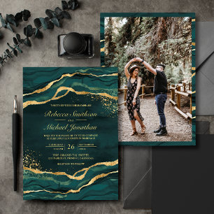 Türkisfarbene Gold Flüssigtinte Foto Hochzeit Einladung
