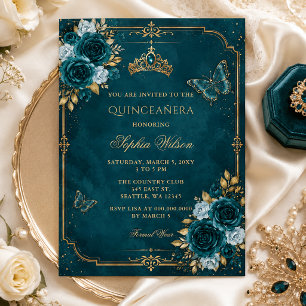 Türkisfarbene goldene Blumen-Schmetterling-Quincea Einladung