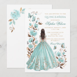 Türkisfarbene goldene Blumenprinzessin Schmetterli Einladung