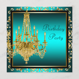 Türkisfarbene Goldene Damast Chandelier Geburtstag Einladung