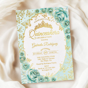 Türkisfarbene Goldene Florale Quinceanera Folieneinladung
